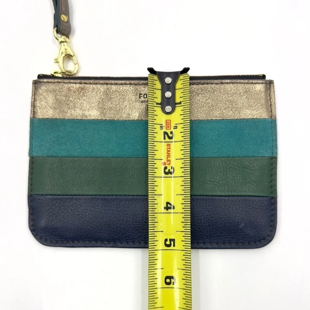 Fossil Leather Striped Wristlet Pouchette Wallet Bag Metallic Zip Pouch Clutch